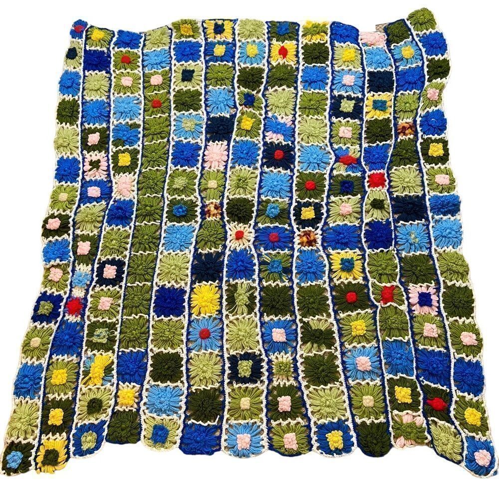 Flower Granny Square Crochet Afghan Blanket‎ Appr 53” x 56”